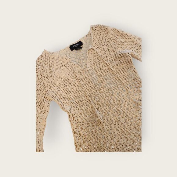 Vintage Y2k early 2000s Express tan knit boho bell sleeve sheer sweater - Picture 3 of 4